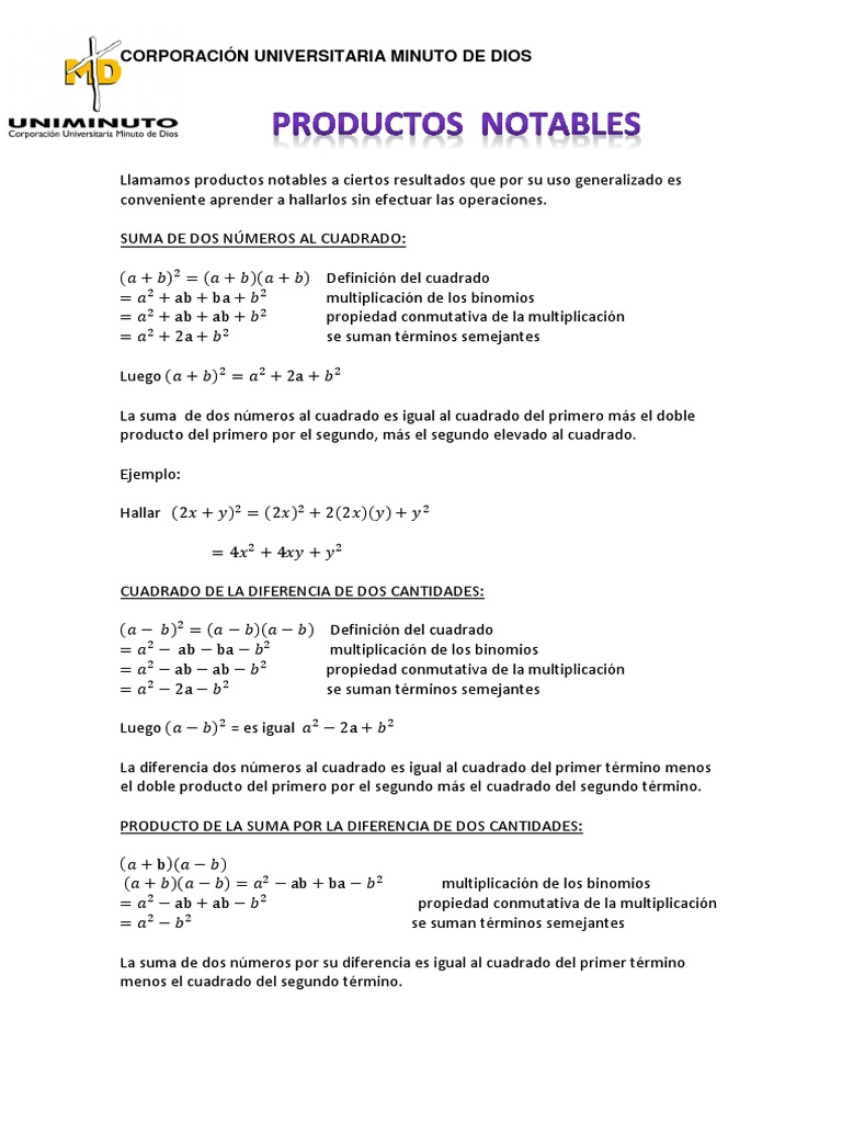 El Doble De La Diferencia De Dos Números Productos Notables | PDF | Multiplicación | Álgebra