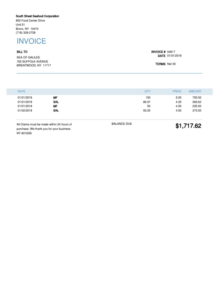 Seafood Invoice #54817 - South Street | PDF
