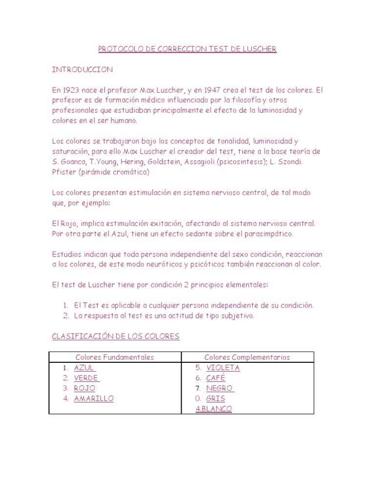 Protocolo de Correccion Test de Luscher | PDF | Color | Azul
