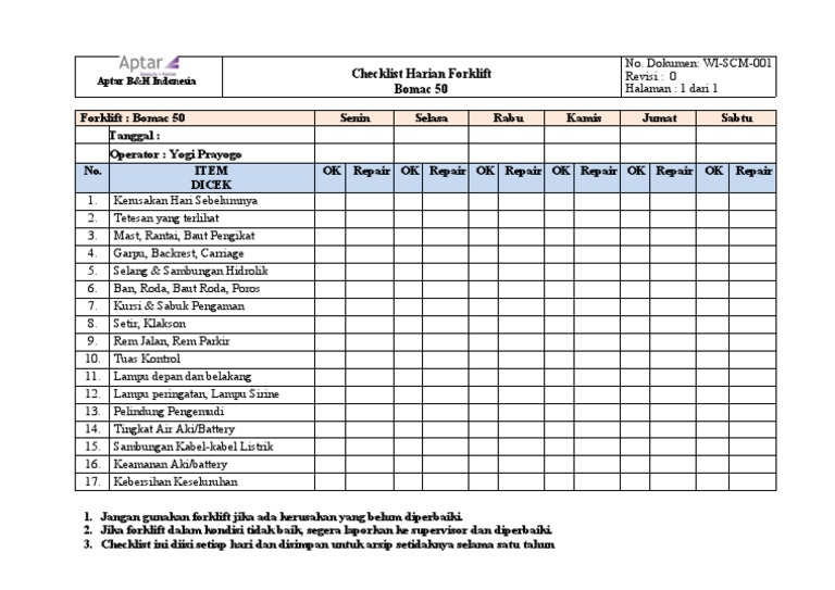 Yogi Ceklist Forklift Harian PDF