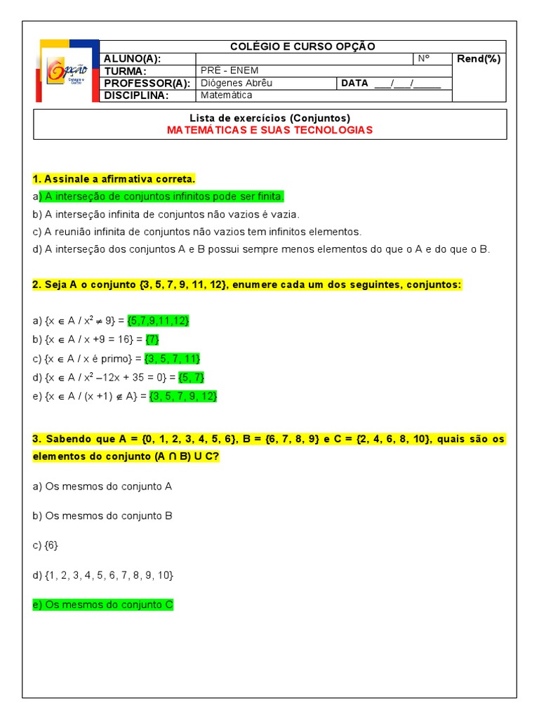 Exercícios de Conjuntos para Pré-ENEM | PDF | Conjunto (Matemática ...