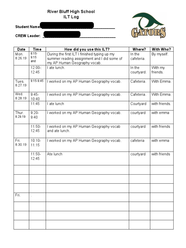 River Bluff High School ILT Log | PDF