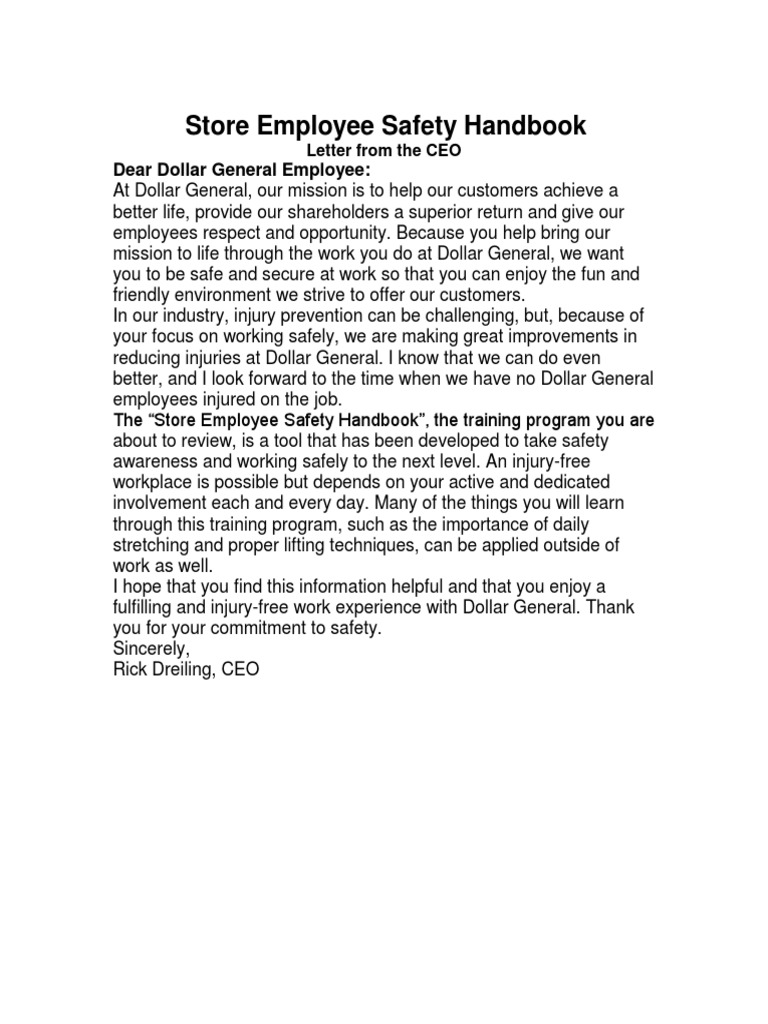 Store Employee Safety Handbook Dear Dollar General Employee PDF
