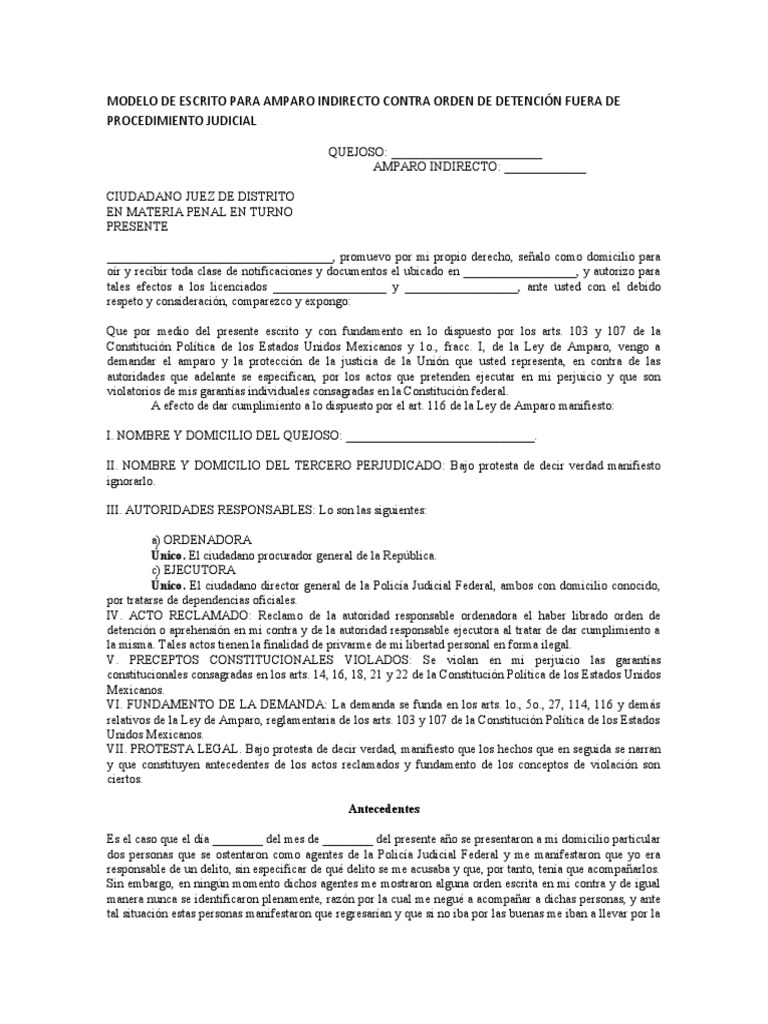 Modelo de Escrito para Amparo Indirecto Contra Orden de Detención Fuera ...