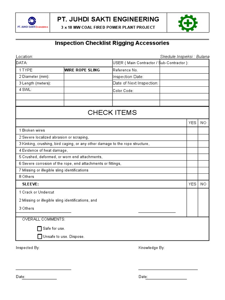 Rigging Accessories Inspection Checklist | PDF | Rope | Mechanical ...