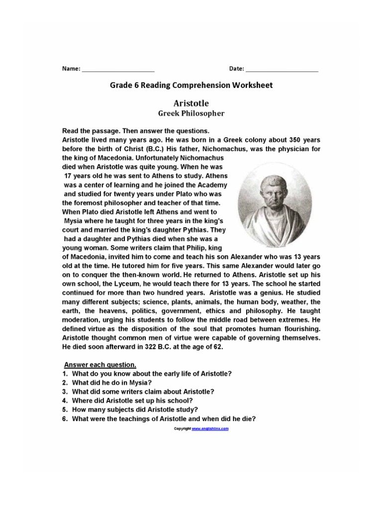 Reading Comprehension Worksheets For Grade 6 PDF | PDF
