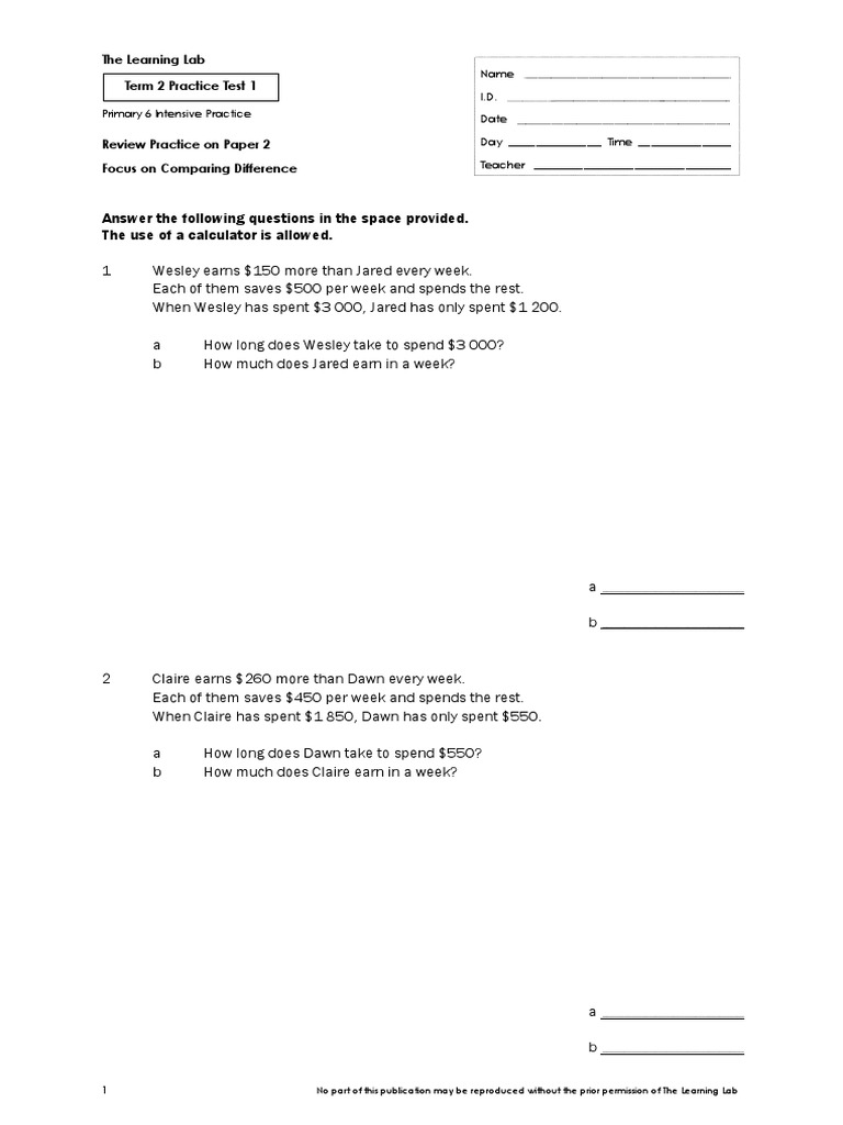 2020 - T2W5 - P6 - Term 2 Practice Test 1 - MWP - Comparing Difference ...