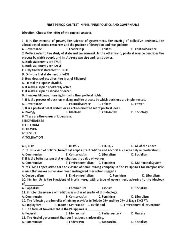 Philippine Politics and Governance Exam | PDF | Power (Social And ...