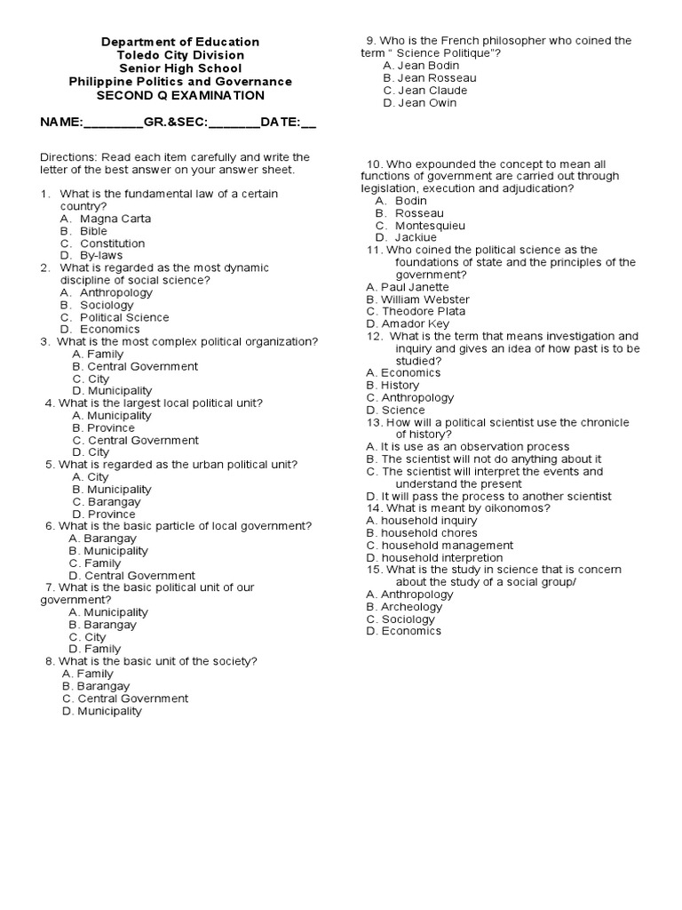 Philippine Politics and Governance Exam | PDF | Social Science ...