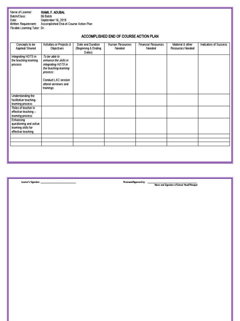 Accomplished End of Course Action Plan | PDF