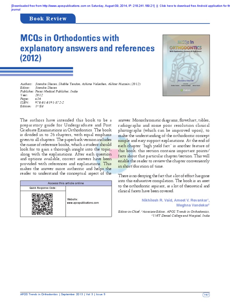 Mcqs in Orthodontics With Explanatory Answers and References (2012 ...