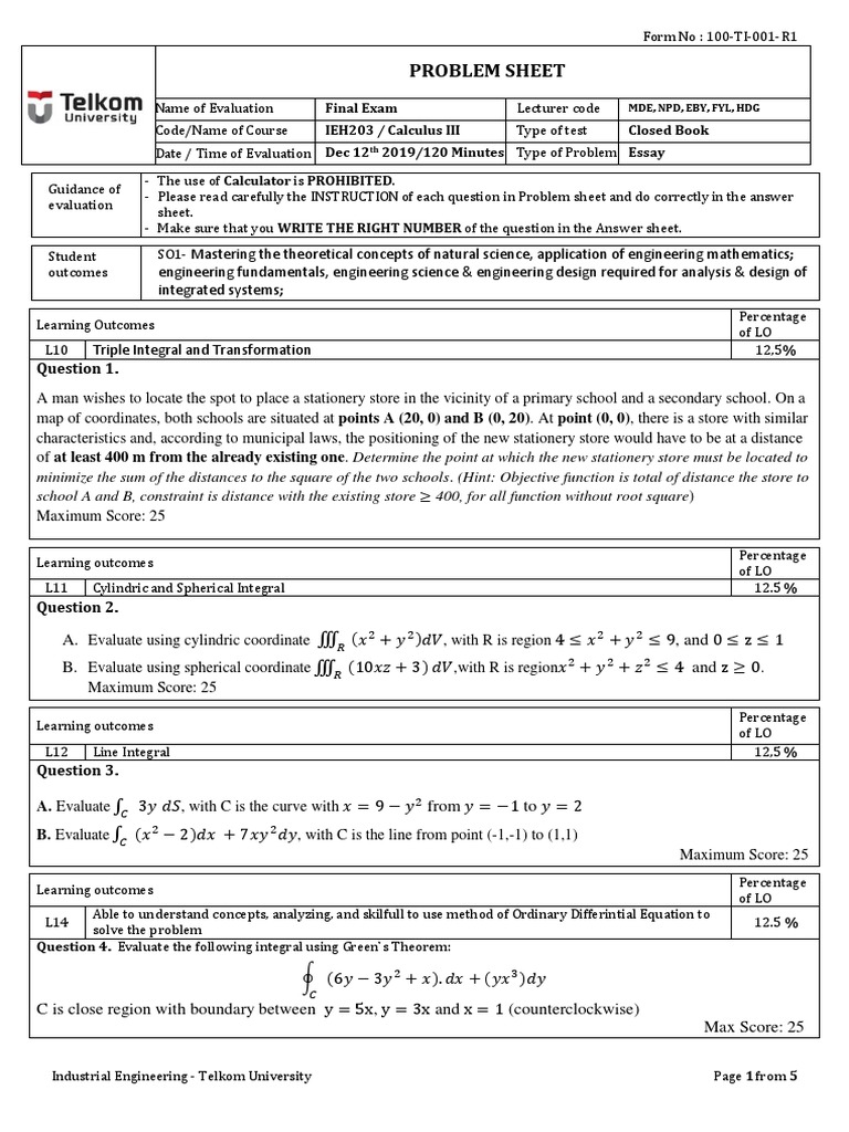 Calculus III Final Exam Problem Sheet | PDF | Engineering | Teaching ...