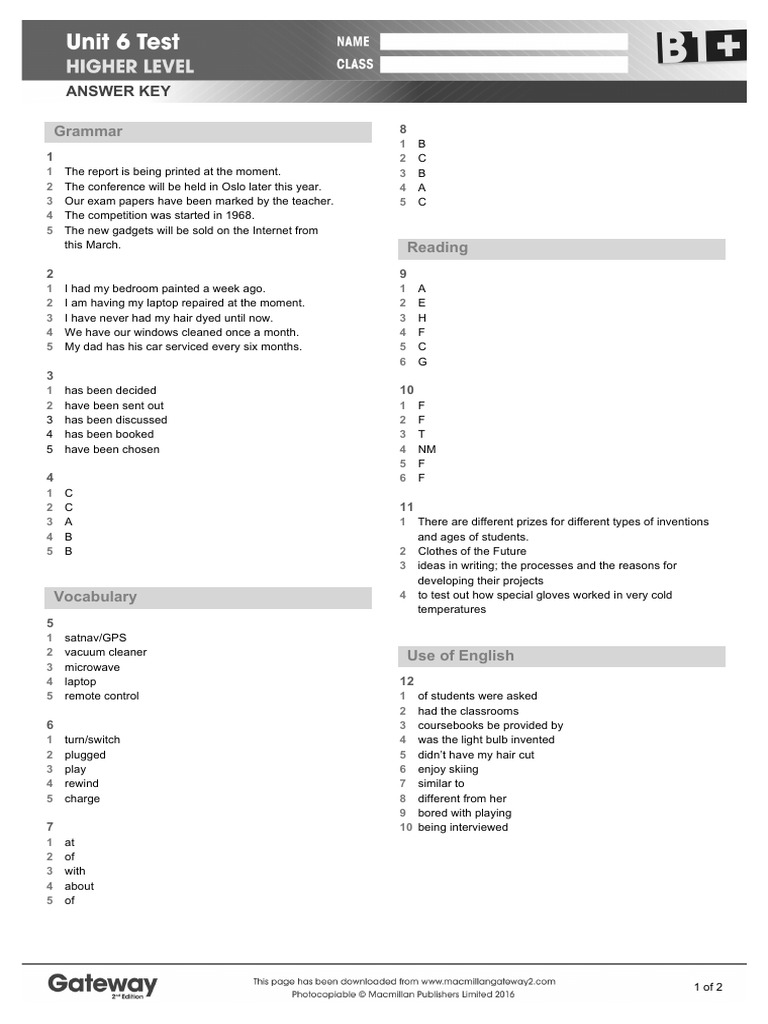 B1PLUS UNIT 6 Test Answer Key Higher | PDF | Learning | Cognition