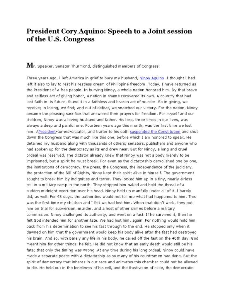 President Cory Aquino: Speech To A Joint Session of The U.S. Congress ...