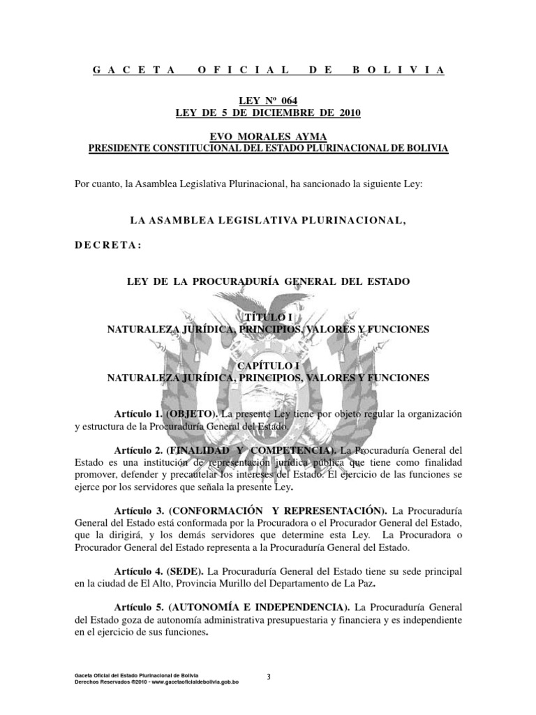 Ley 064 Procuradoría General Del Estado PDF Estado (política