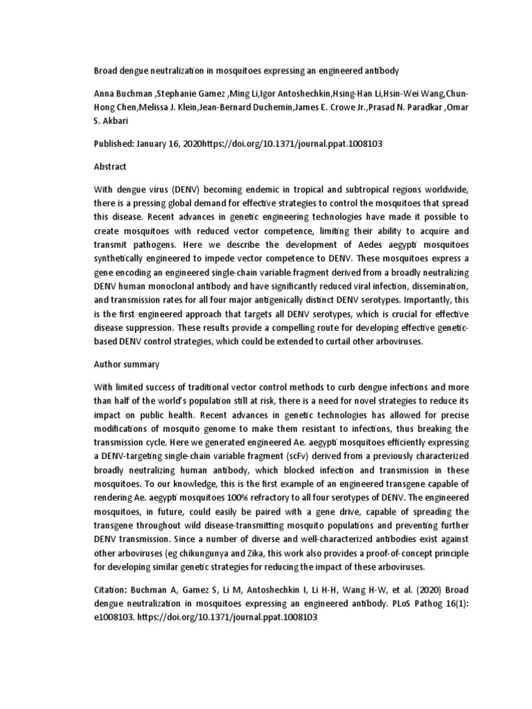 Broad Dengue Neutralization In Mosquitoes Expressing An Engineered Antibody Docx Gene Expression Virus