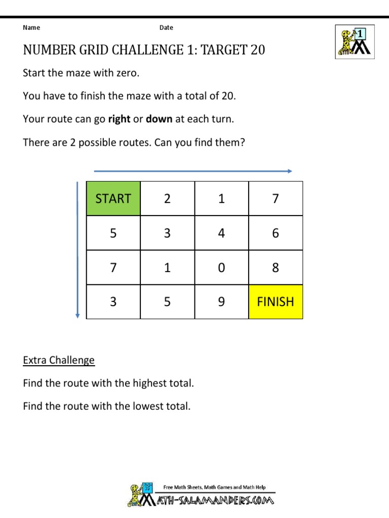Number Grid Challenge 1: Target 20 | PDF