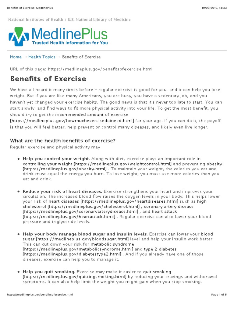 Benefits of Exercise MedlinePlus PDF Physical Fitness Cardiovascular Diseases