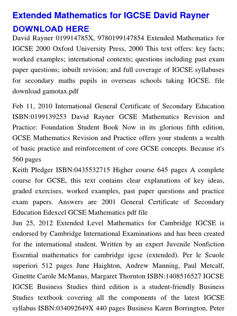 Extended Mathematics For IGCSE David Rayner | PDF