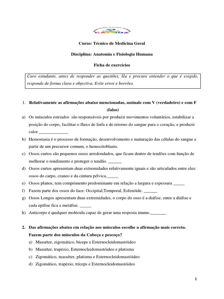 Exercícios de Anatomia e Fisiologia Humana | PDF | Sangue | Osso