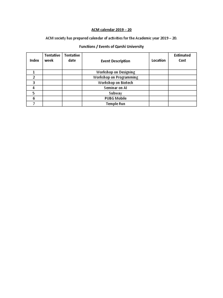 ACM 2019-20 Activity Calendar | PDF | Computers