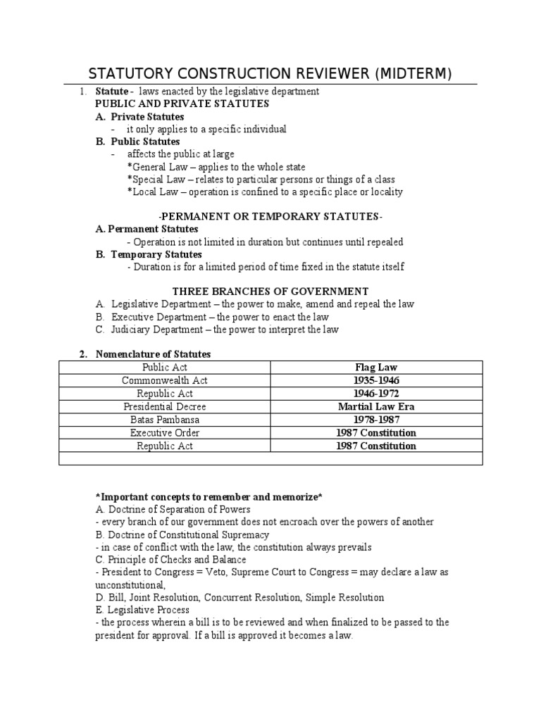 Statutory Construction Midterm Guide | PDF | Repeal | Separation Of Powers