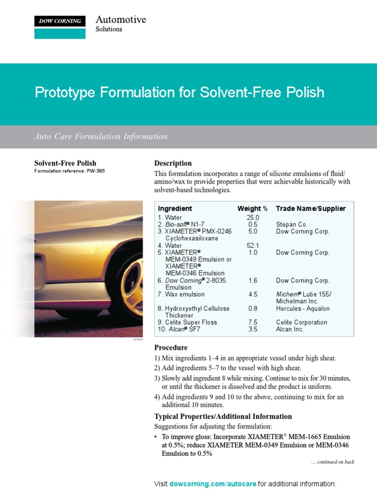 Prototype Formulation For SolventFree Polish Auto Care Formulation