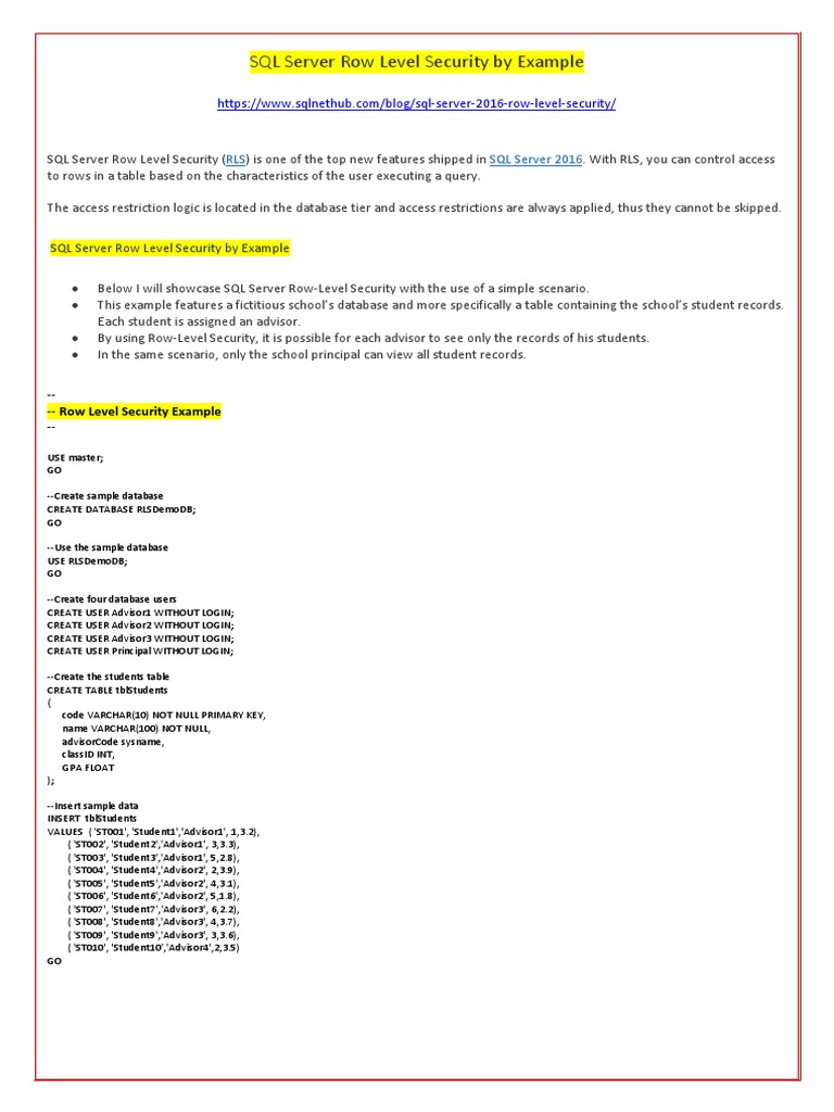 SQL Server Row Level Security by Example | PDF | Microsoft Sql Server ...