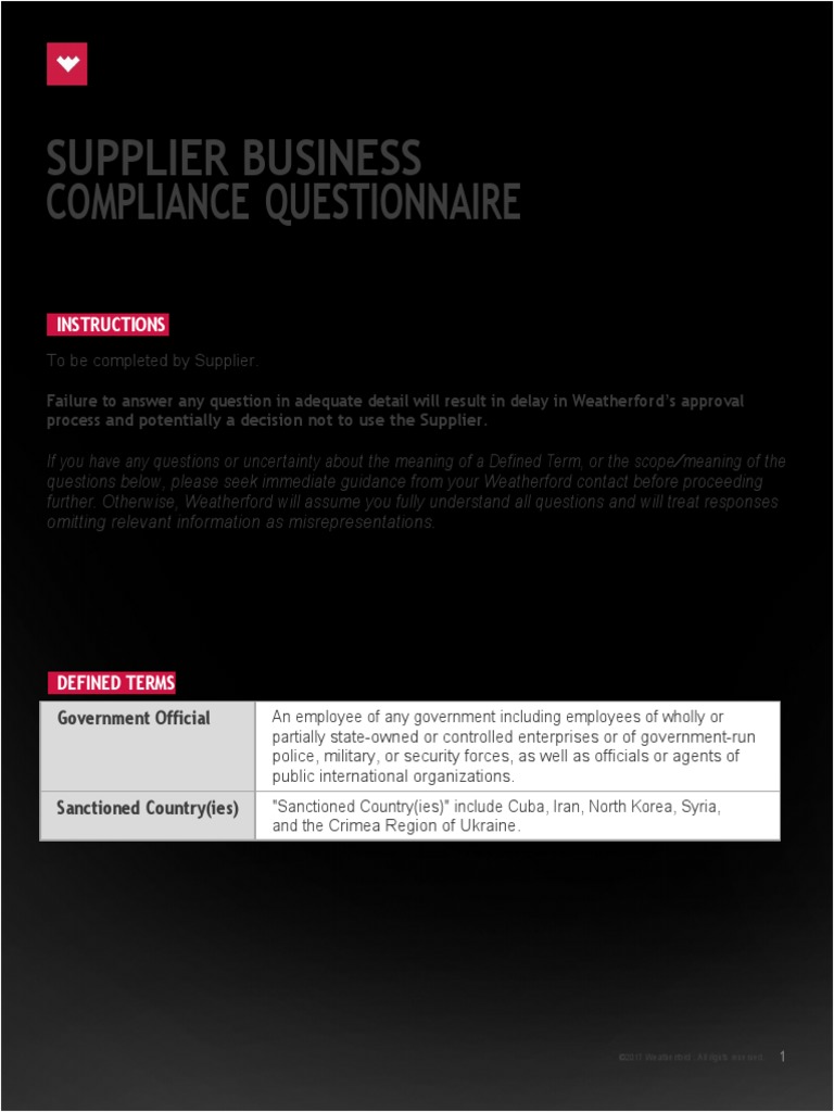 Supplier Business Compliance Questionnaire Feb2018 Pdf Regulatory Compliance Family