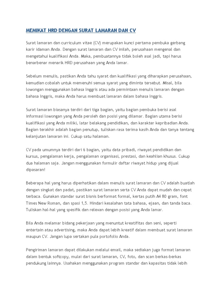 Memikat Hrd Dengan Surat Lamaran Dan Cv