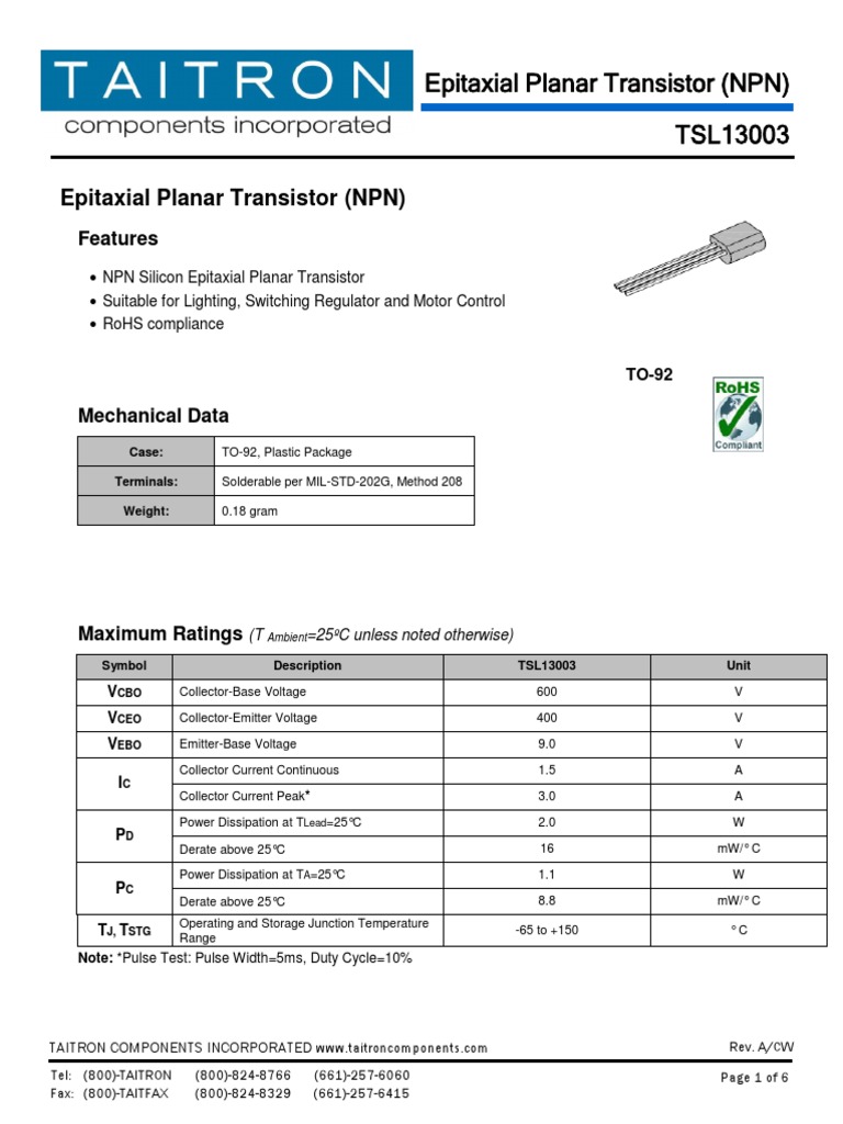 NPN Epitaxial Planar Transistor TSL13003 | PDF | Bipolar Junction ...