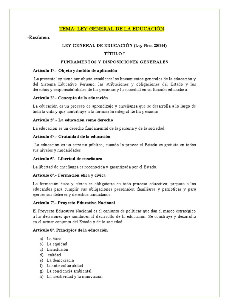 Resumen Ley General de Educación 28044 | PDF | Educación primaria ...