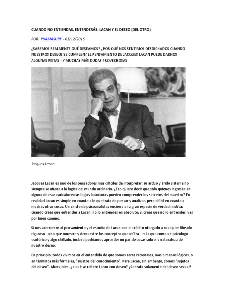 Lacan: El deseo y su complejidad | PDF | Jacques Lacan | Mente inconsciente