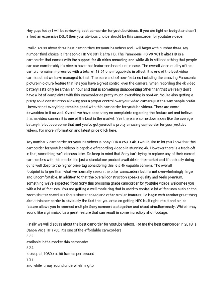 Best Camcorder For Youtube Videos PDF Media Formats Video