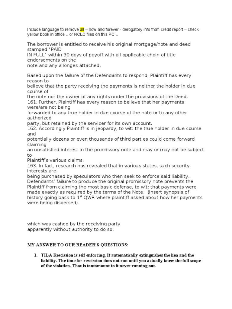 Settlement Conference Notes TILA Mediation Mortgage Law