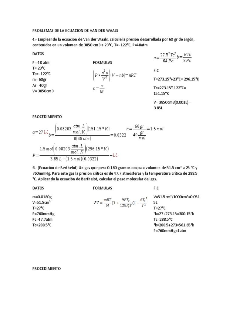 Ejercicios Resueltos de Van der Waals | PDF | Gases | Mecánica de ...