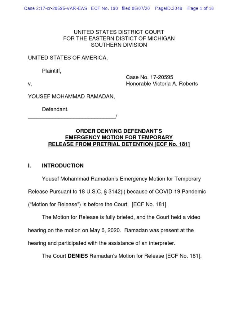 Order Denying Defendant'S Emergency Motion For Temporary Release From ...