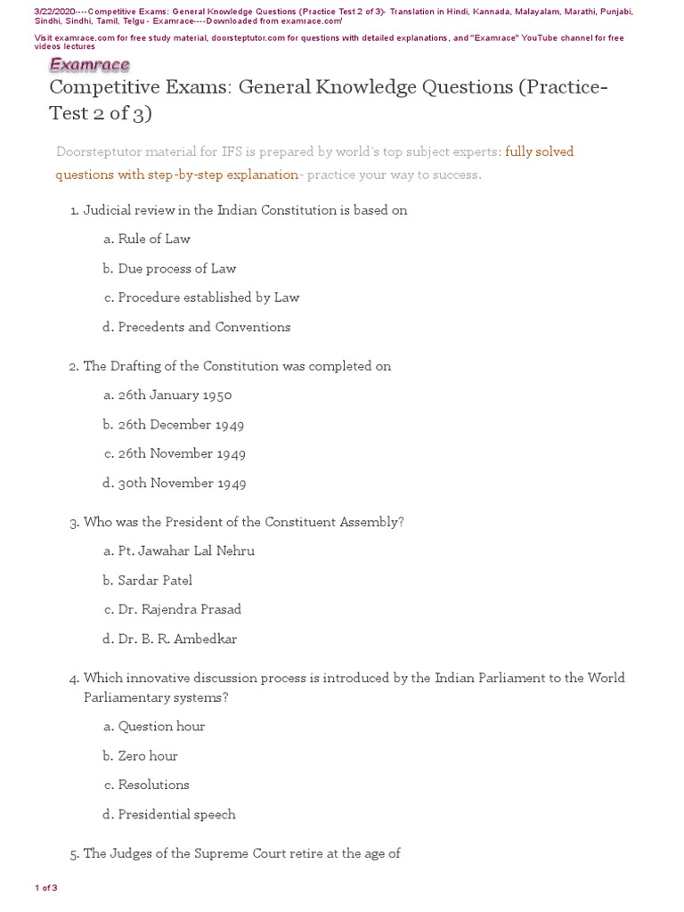 General Knowledge Questions Practice Test 2 | PDF | Government ...