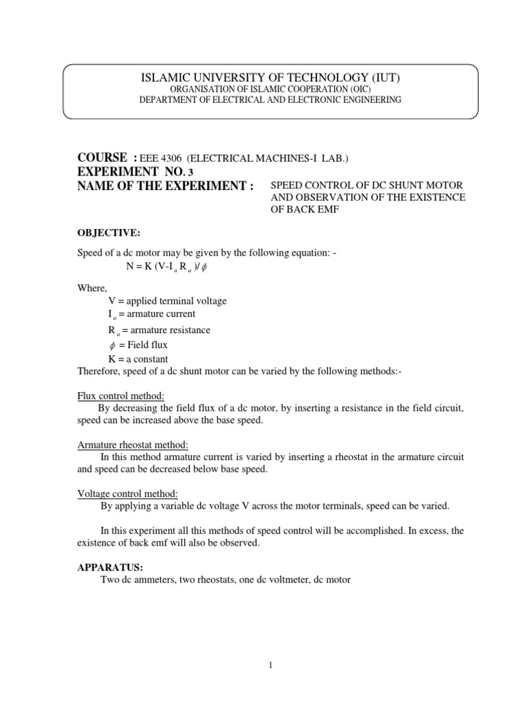 3 Speed Control of DC Shunt Motor PDF | PDF | Electric Motor | Voltage