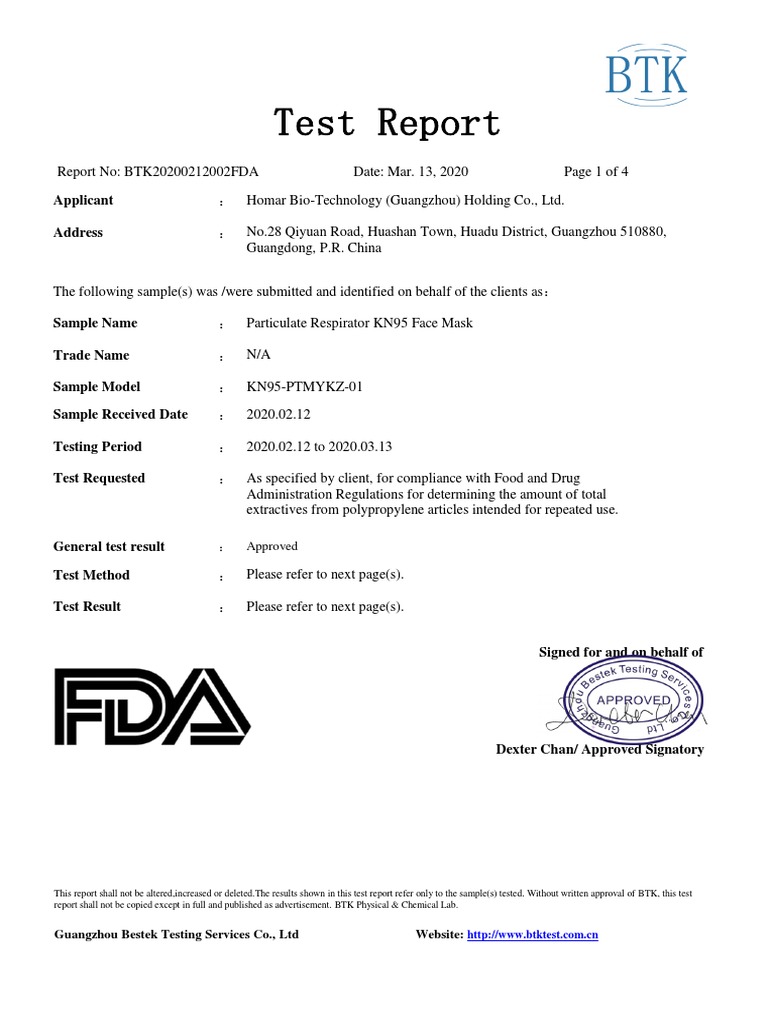FDA Compliance Test for KN95 Mask | PDF | Food And Drug Administration ...