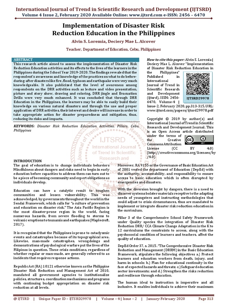 Implementation Of Disaster Risk Reduction Education In The Philippines