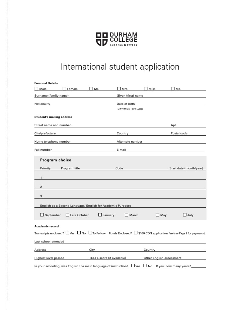 Durham College Application Form PDF Mail Visa Inc.