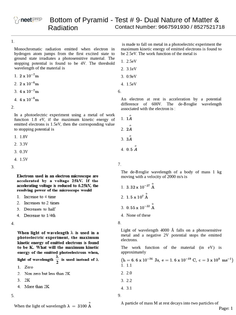Test 9 Dual Nature Of Matter Radiation Bottom Of Pyramid Photoelectric Effect Radiation