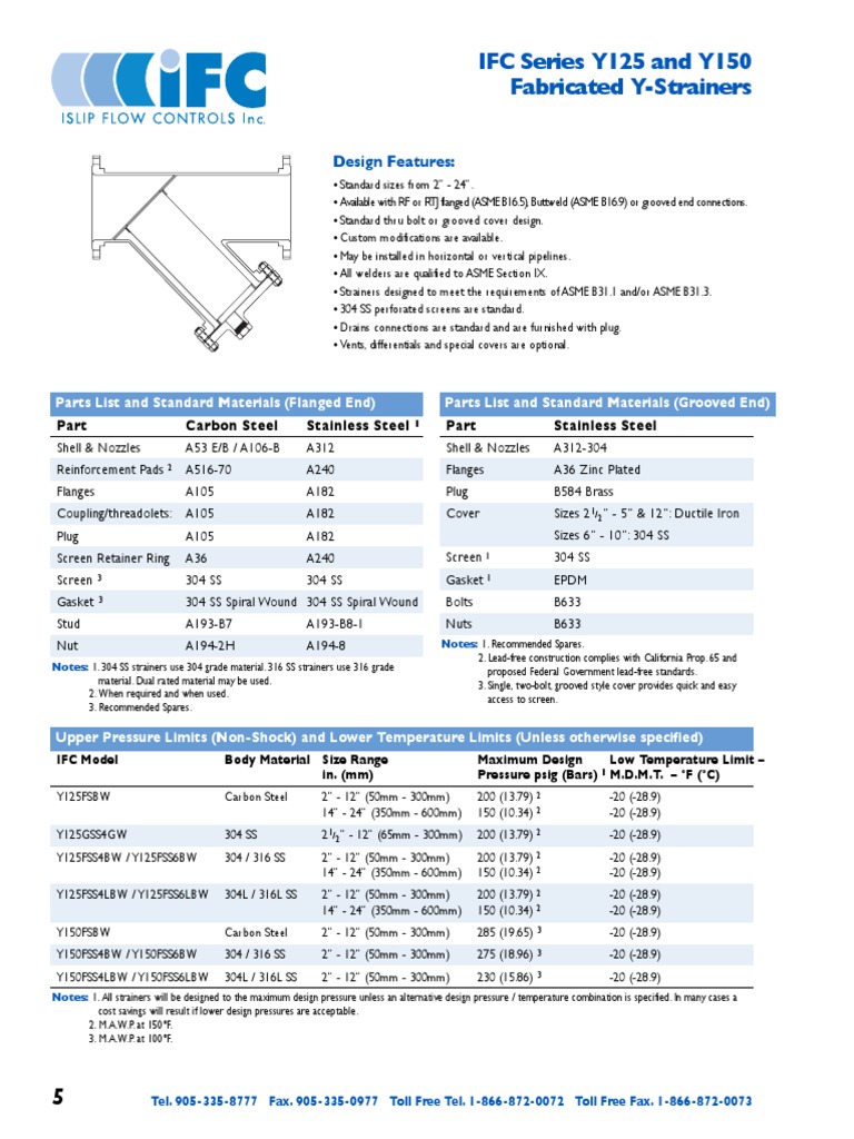 IFC Series Y125 and Y150 Fabricated YStrainers Design Features PDF