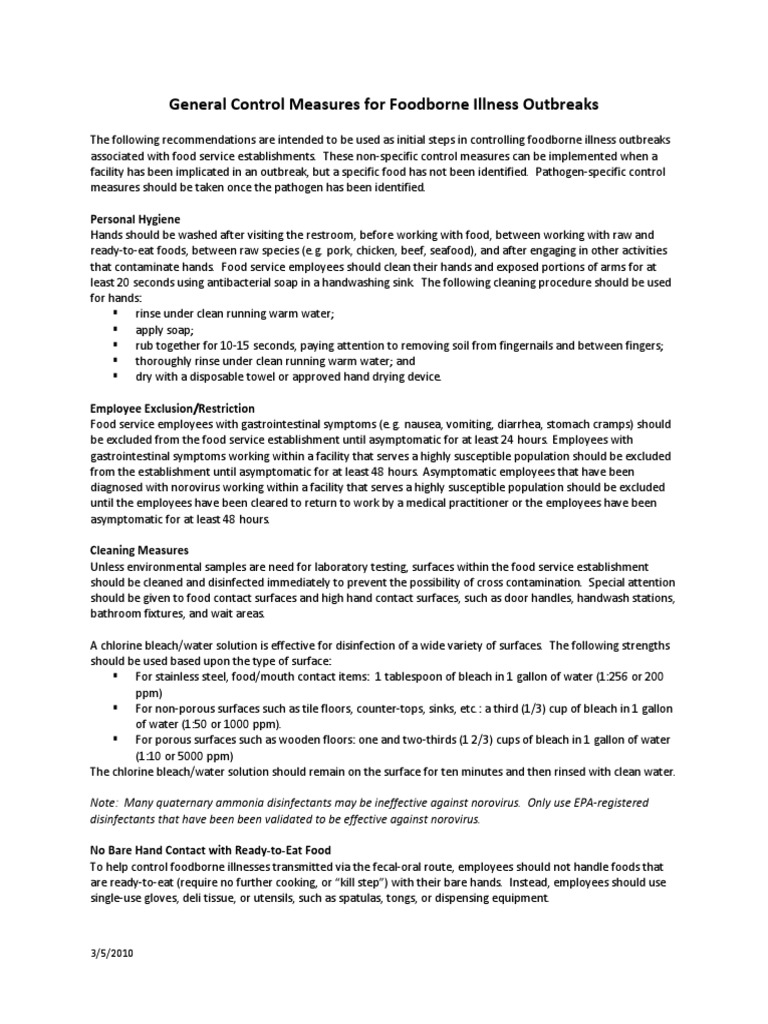 General Control Measures For Foodborne Illness Outbreaks: Personal ...