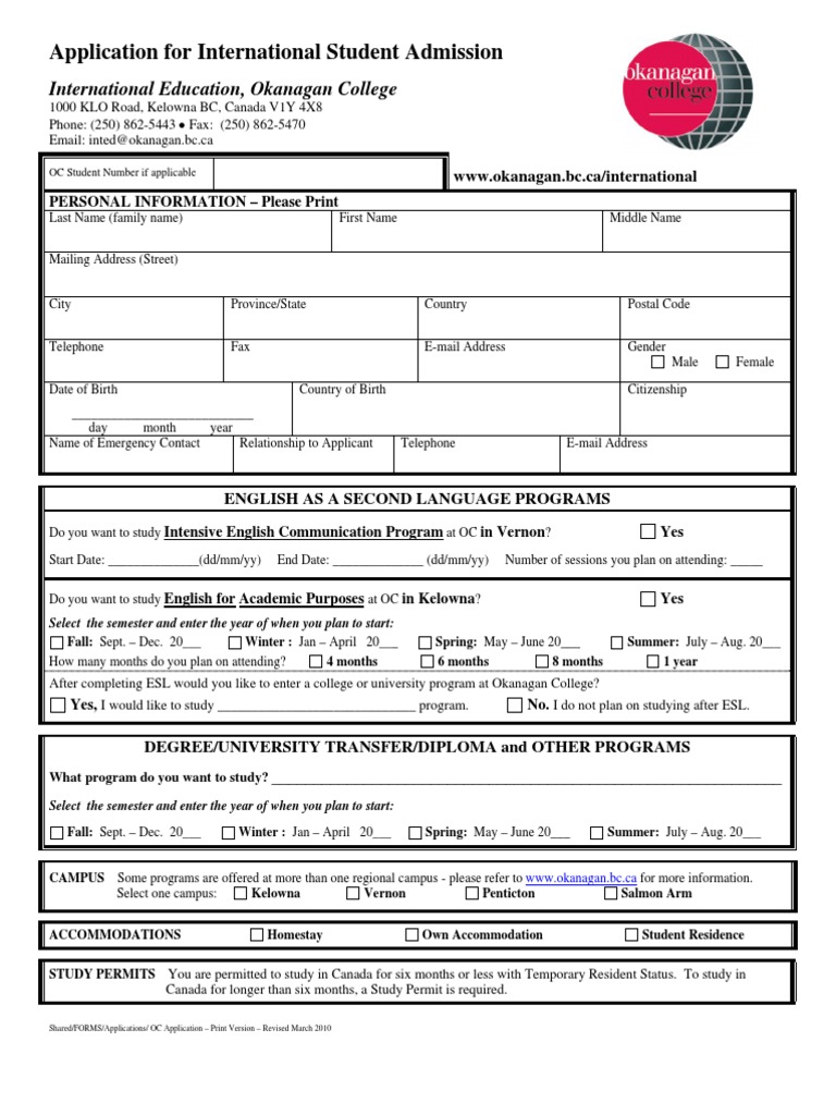 Okanagan College Application Form Debit Card Business