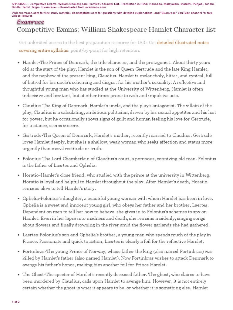 Hamlet Character List Overview | PDF | Hamlet | Plays Based On European ...