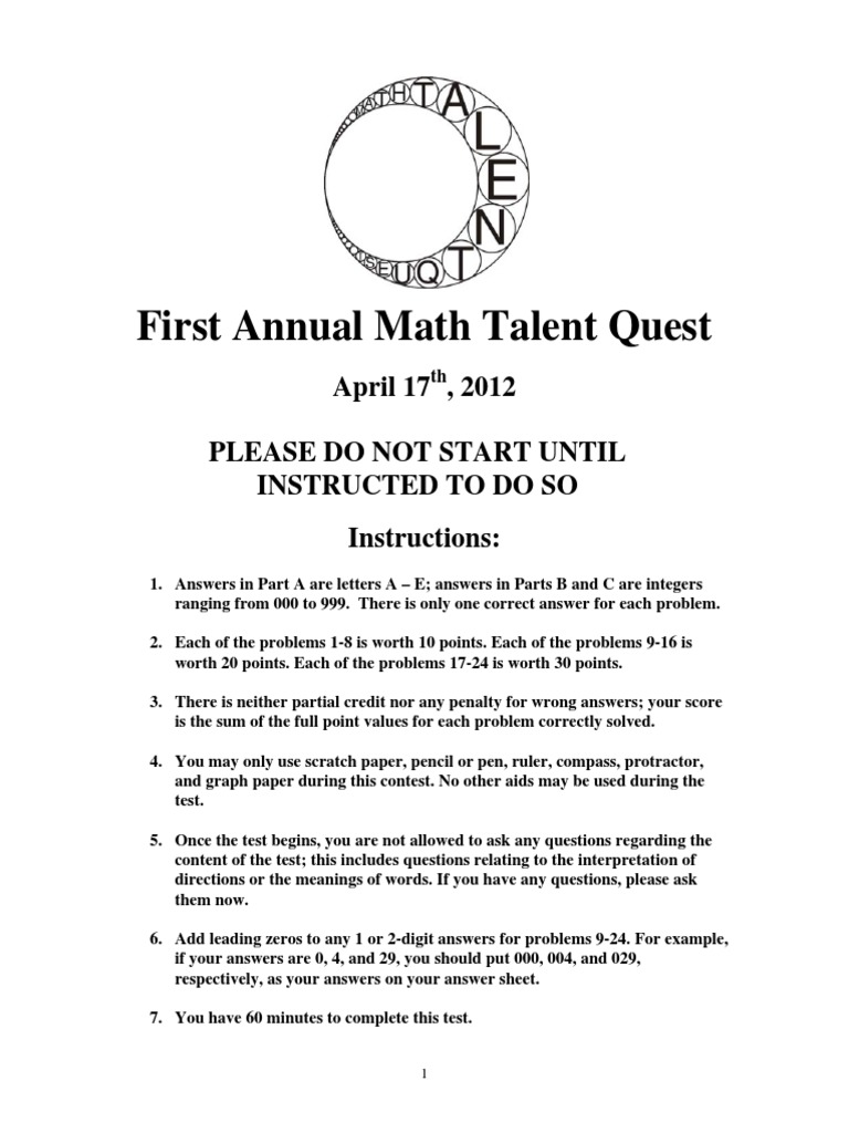 First Annual Math Talent Quest Test | PDF | Numbers | Triangle