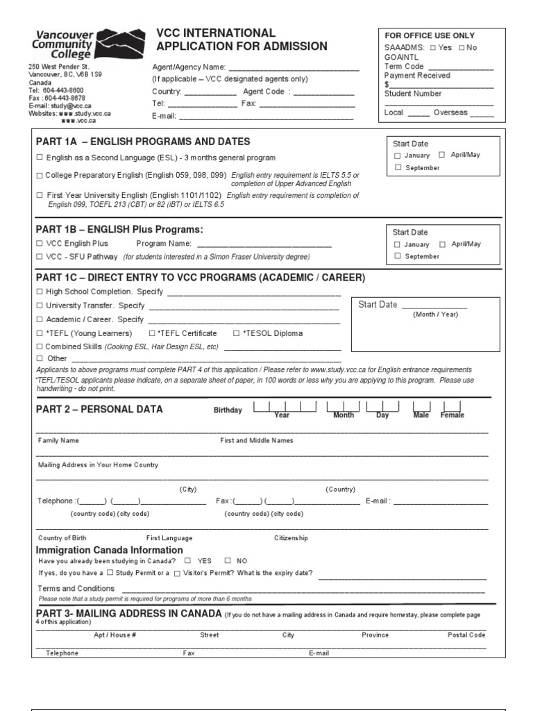 VCC International Admission Application | PDF | Wire Transfer | English ...