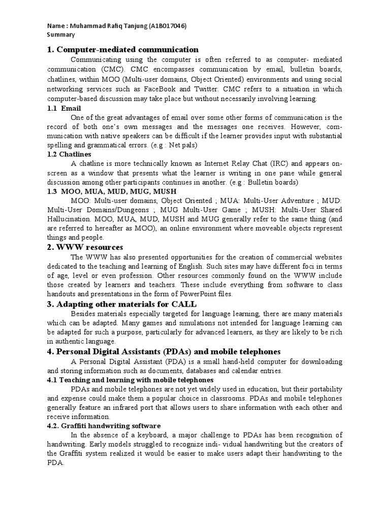 Summary of 8 CALL Principles PDF Personal Digital Assistant